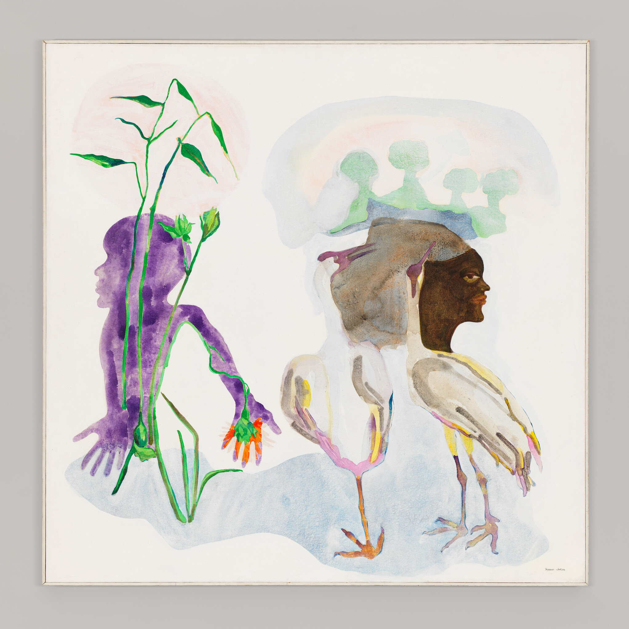 Two abstract human profiles, one purple with green plants and a flower, the other merging into bird-like forms.