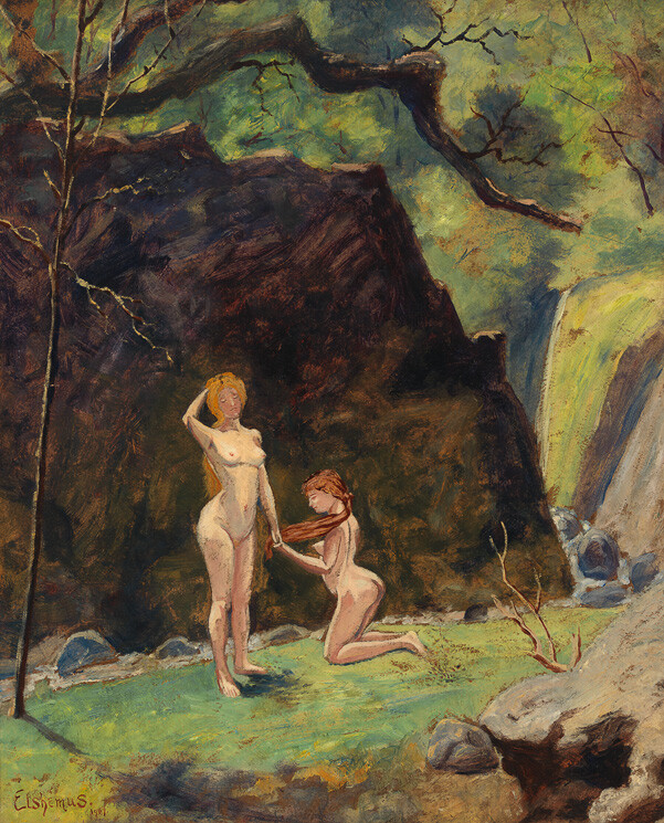 Two nude women in a forest clearing, one standing and the other kneeling, holding the other's hand.