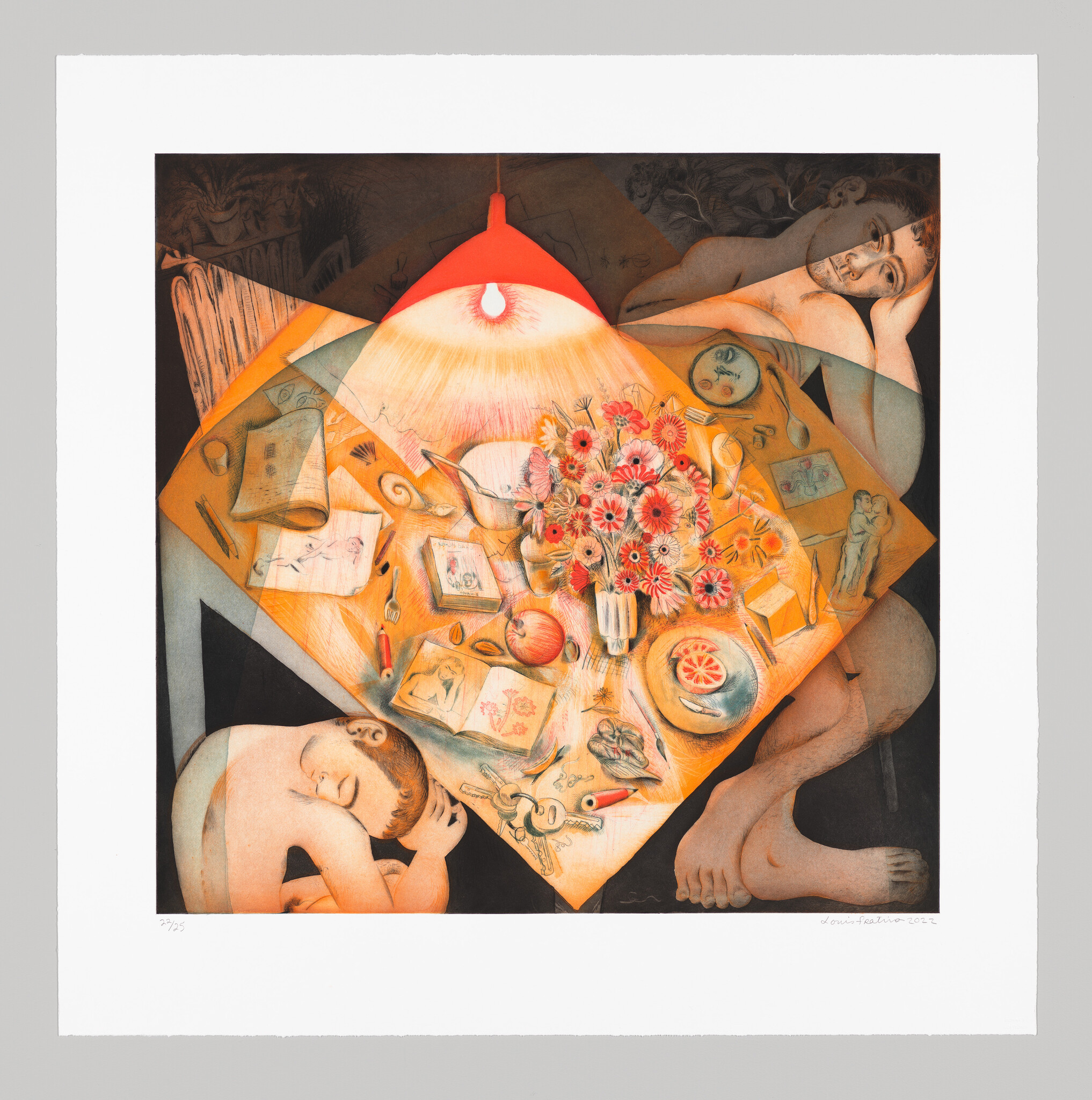 A warmly lit table with a vase of flowers surrounded by sleeping people and scattered objects.