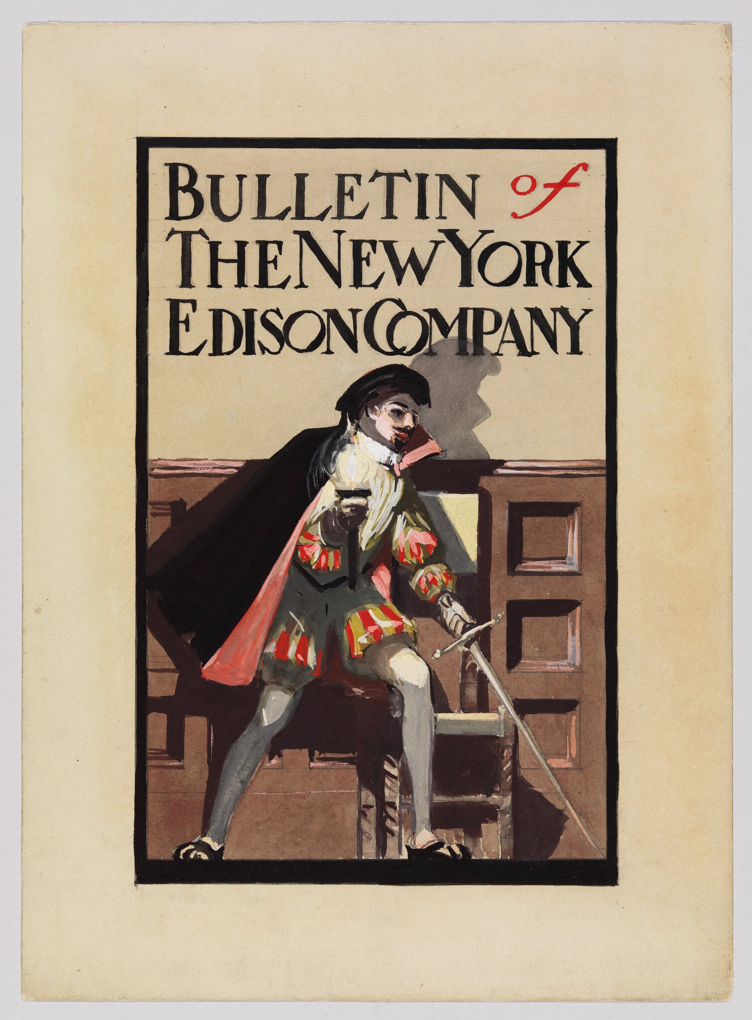 A costumed swordsman sits on a chair beneath the title "Bulletin of The New York Edison Company."