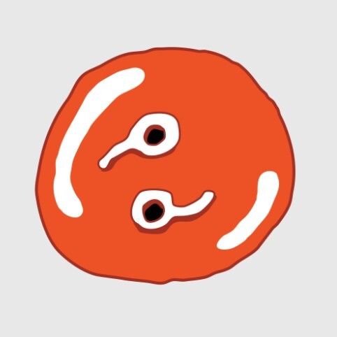 A simple orange circle with two white curved shapes and two black-centered dots.