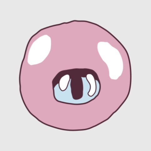 A round pink creature with a single blue eye-like mouth in the center.