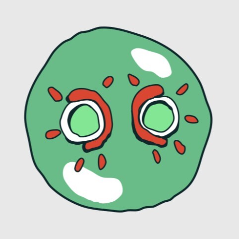 A round green cartoon face with two circular eyes surrounded by red markings and white highlights.