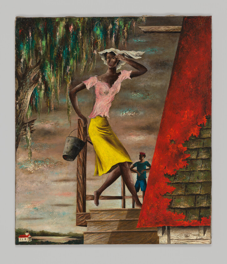 Woman in a yellow skirt holds a bucket, standing on steps under a cloudy sky.