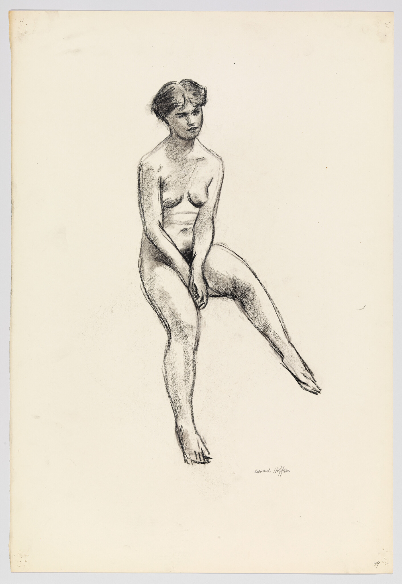 Nude woman seated on an invisible surface with one leg extended and hands resting between her thighs.