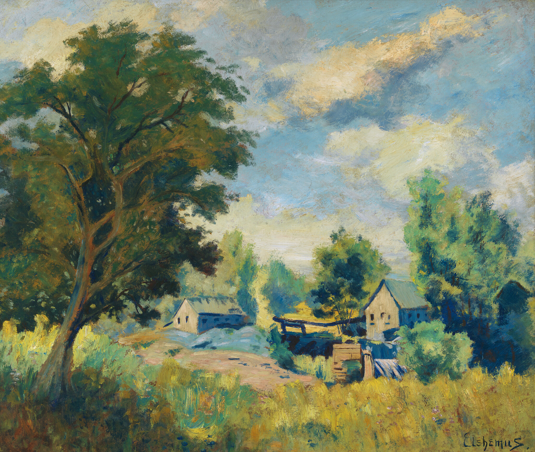 A large tree stands beside small farmhouses and a watermill under a bright, cloudy sky.