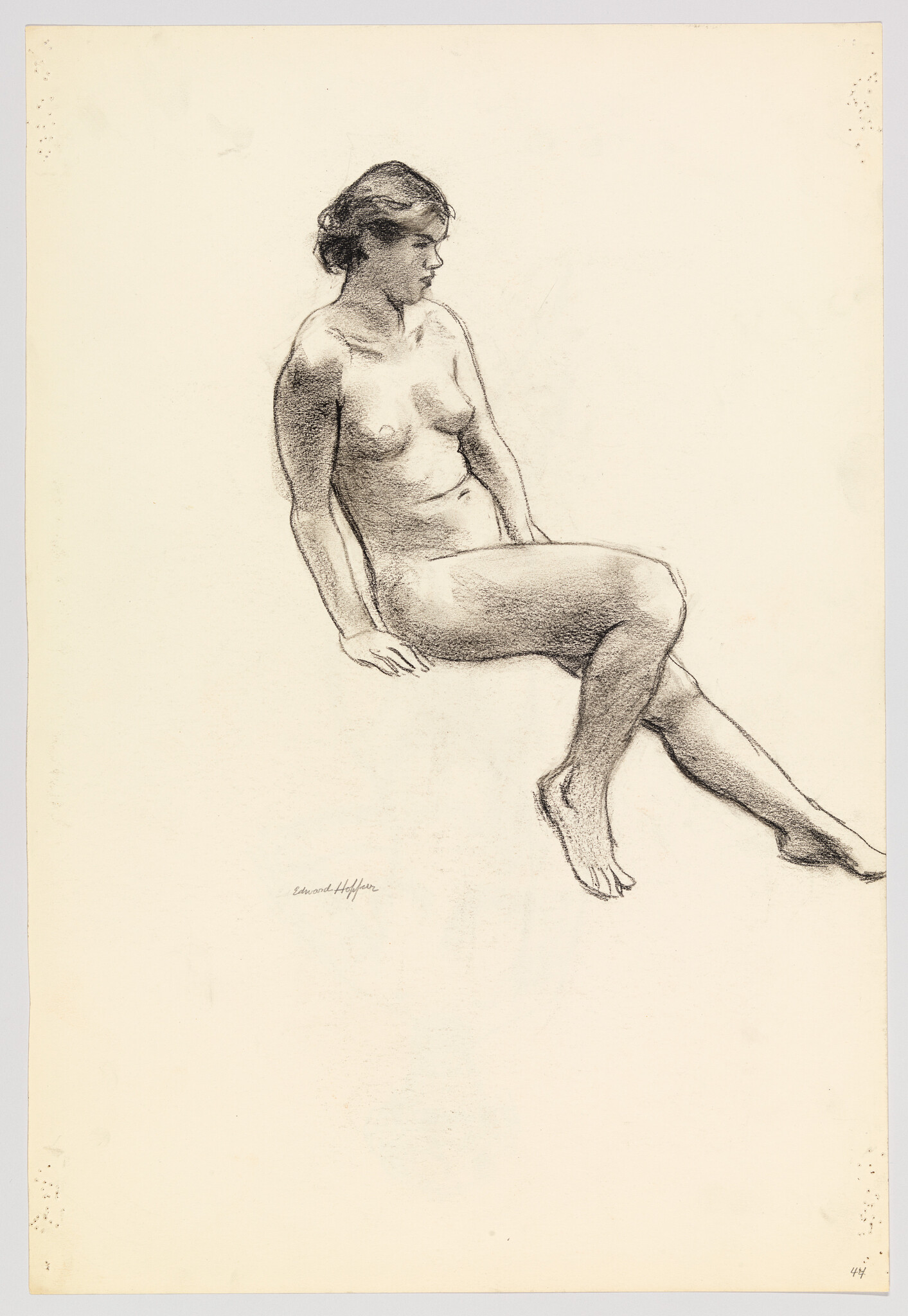 A seated nude woman looks to the right with legs extended in a simple charcoal sketch.
