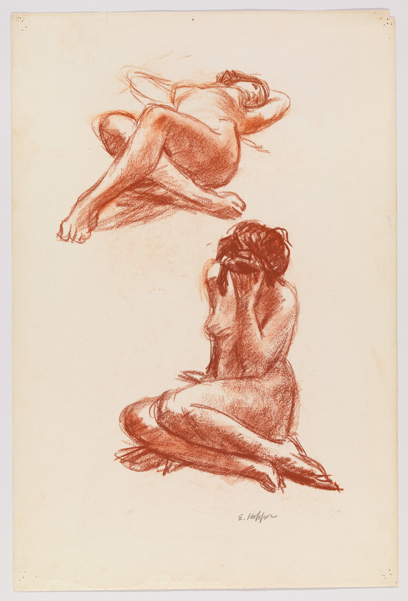 Two red chalk studies of a nude woman, one reclining and one seated covering her face.