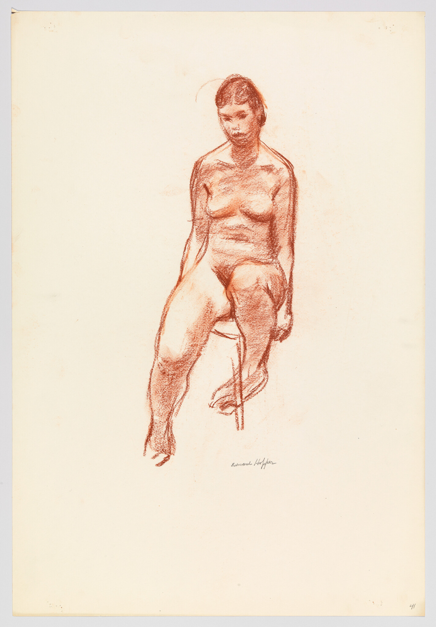 A nude woman sits on a stool with one leg raised, drawn in red chalk.