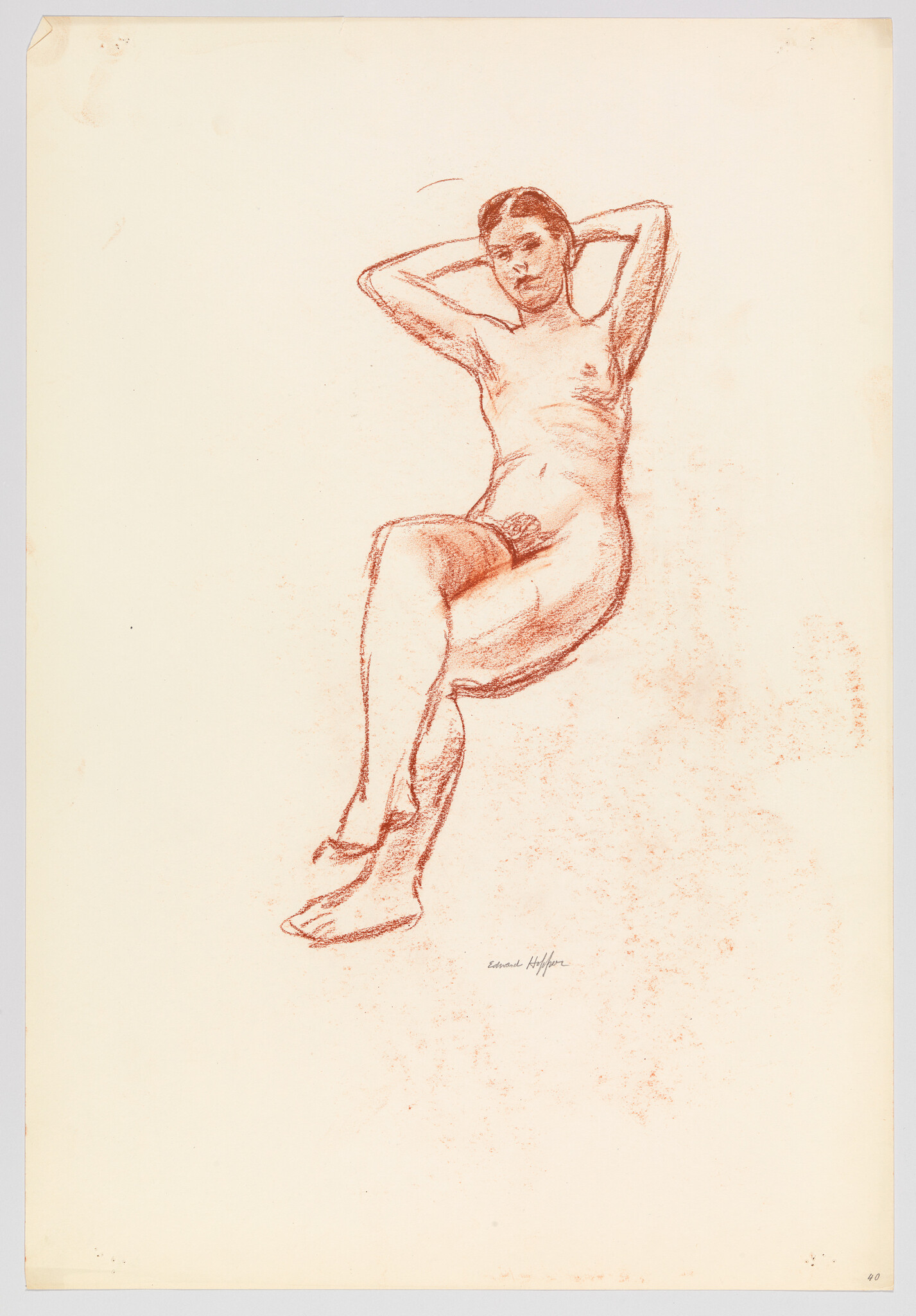 A red chalk sketch of a reclining nude woman with arms behind her head and crossed legs.