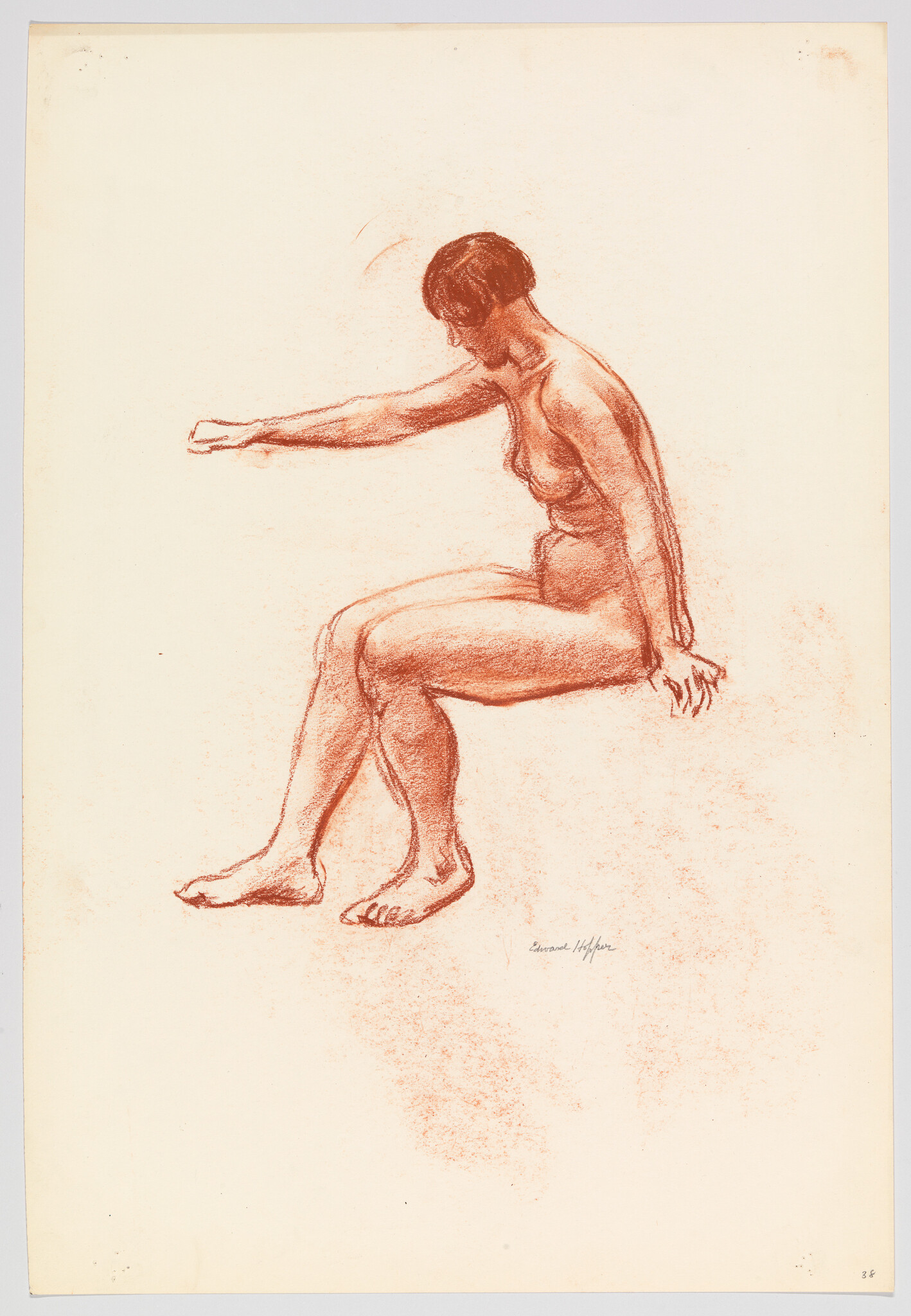A seated nude woman with one arm extended forward and the other resting behind her.