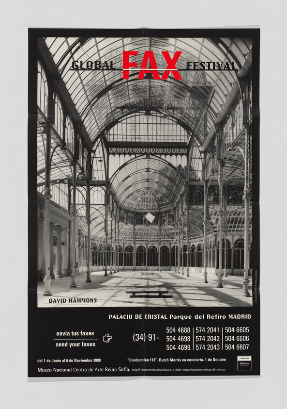 Poster showing the Palacio de Cristal interior with bold red FAX text promoting a global fax festival.