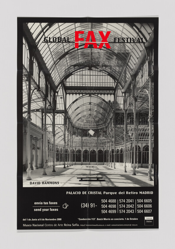 Poster showing the Palacio de Cristal interior with large red "FAX" text promoting a global festival.
