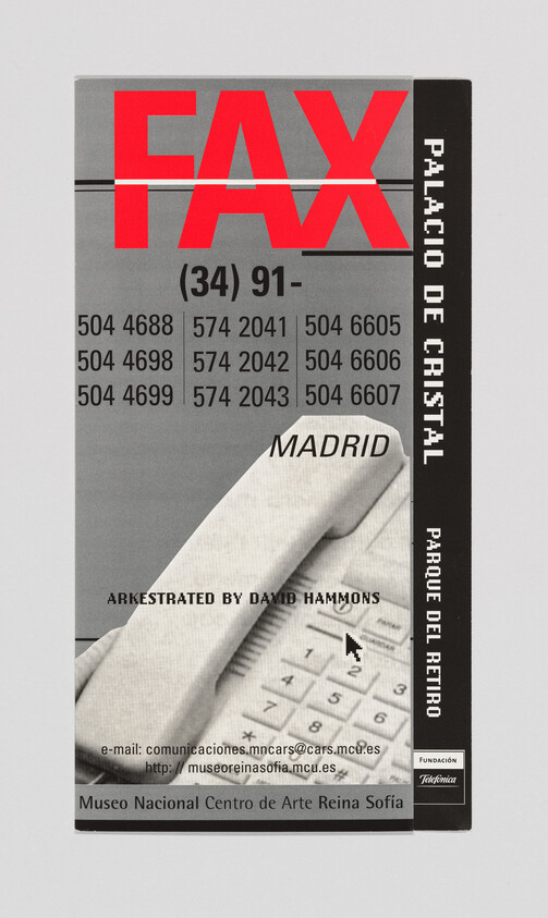 Poster showing large red 'FAX' text with telephone numbers and a hand dialing a numeric keypad.