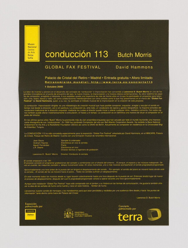 Poster for "conducción 113" by Butch Morris promoting Global Fax Festival at Palacio de Cristal, Madrid.
