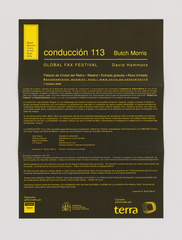 Poster announcing conducción 113 for a global fax festival performance in Madrid.