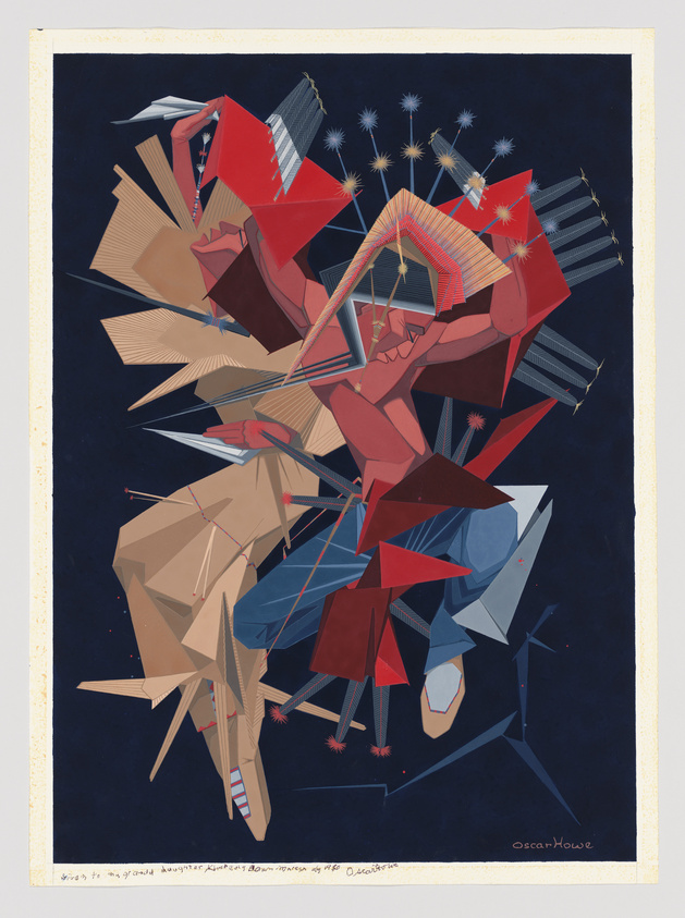 Abstract geometric composition with a dynamic arrangement of red, blue, and beige shapes on a dark background, signed by Oscar Howe.