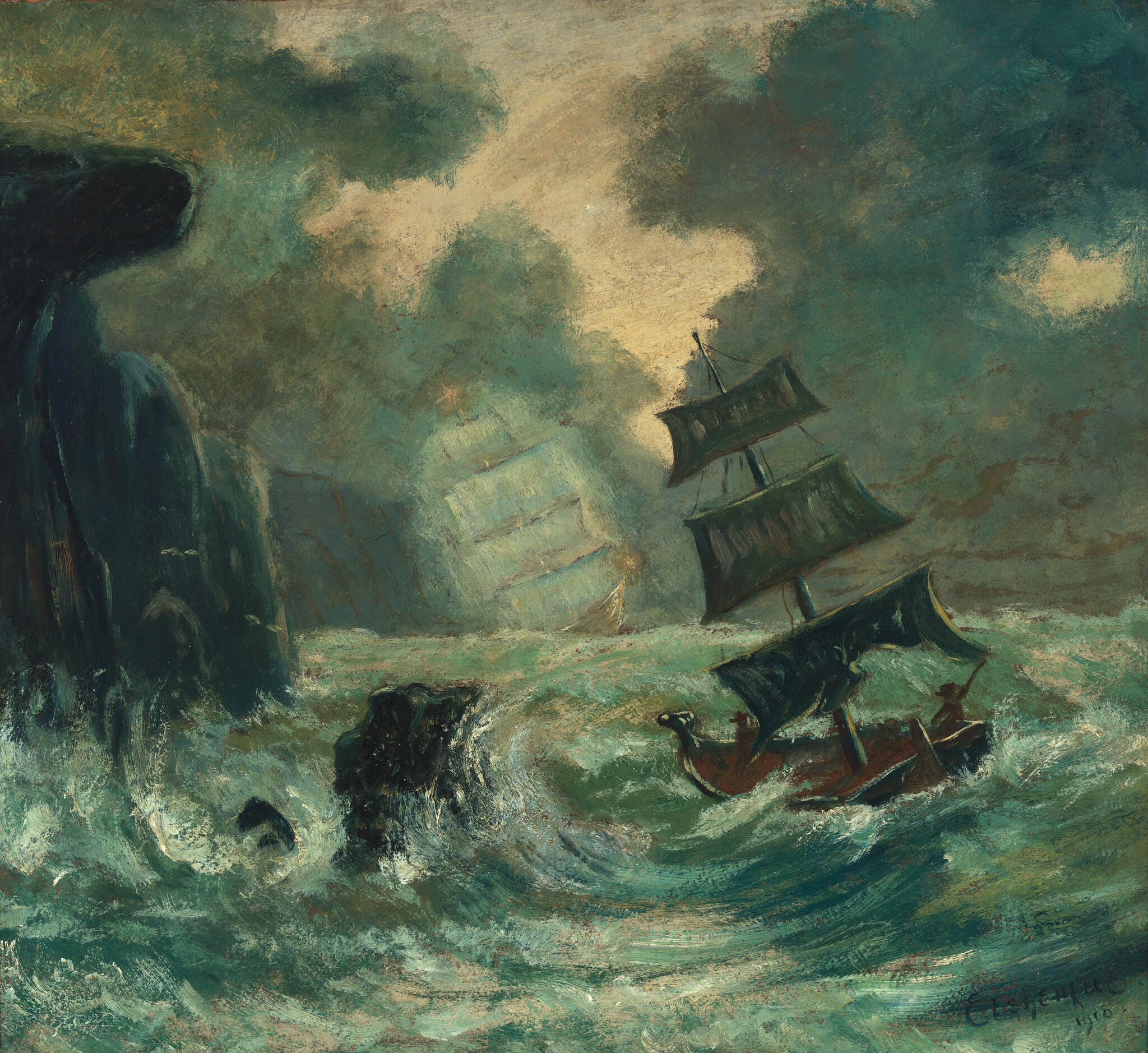 A small three-masted ship struggles through rough green seas toward rocky cliffs under a stormy sky.