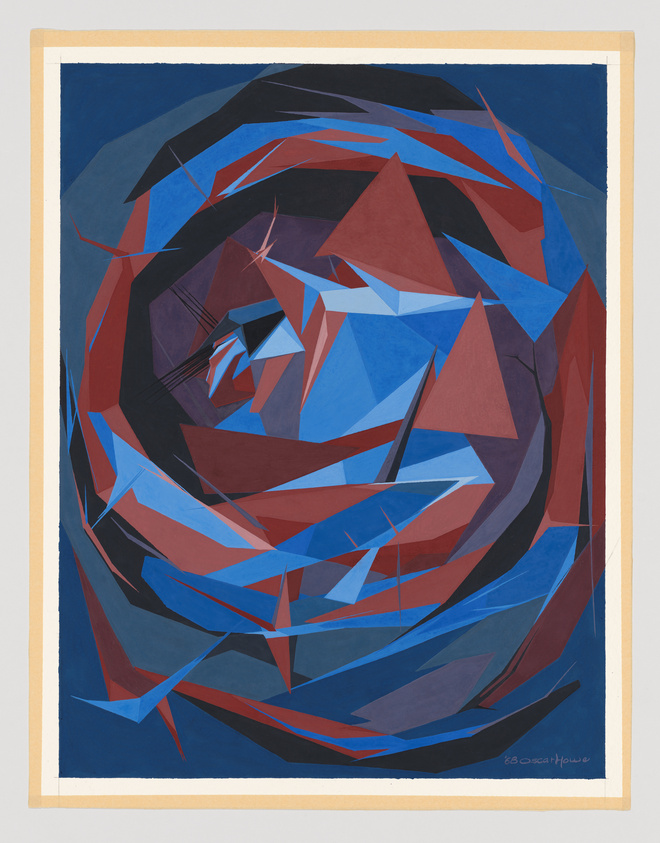 Abstract geometric painting with overlapping blue and red shapes creating a swirling vortex effect, signed by the artist.