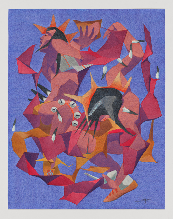 Abstract cubist painting with interlocking shapes and figures in reds and blues, signed by the artist.