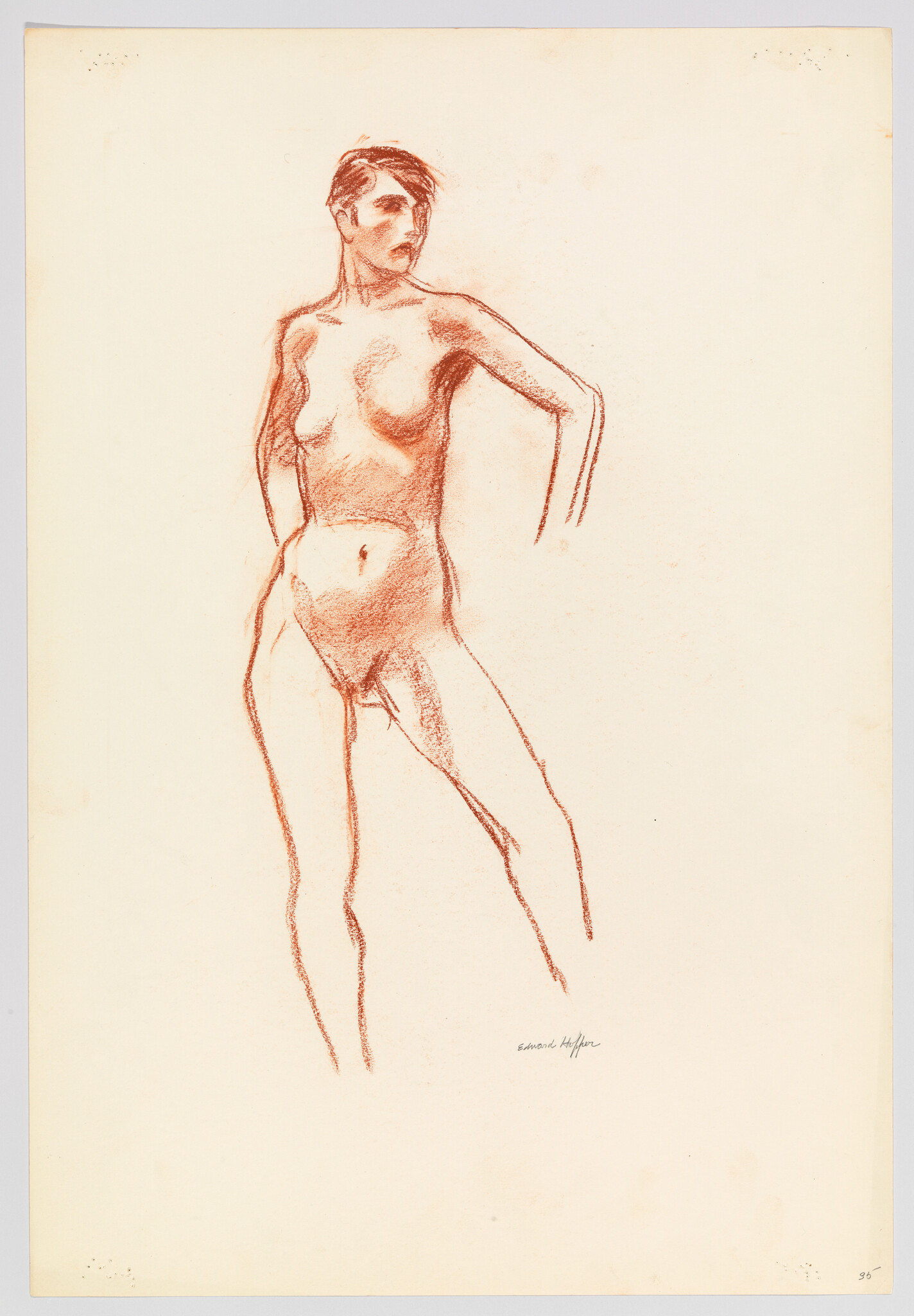 Standing nude woman with hands on hips looking to her left, drawn in red chalk.