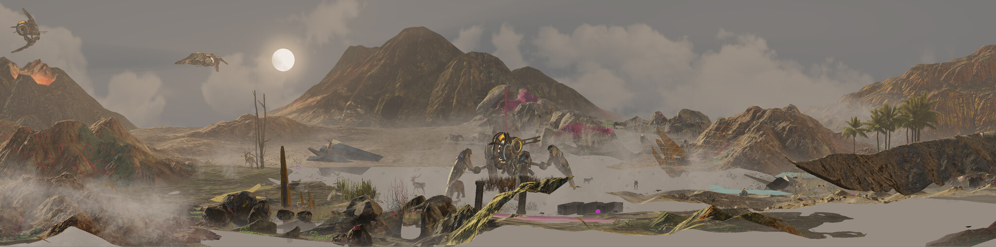 Futuristic landscape with mountains, flying vehicles, and a robot. Misty atmosphere with palm trees and a bright moon in the sky.