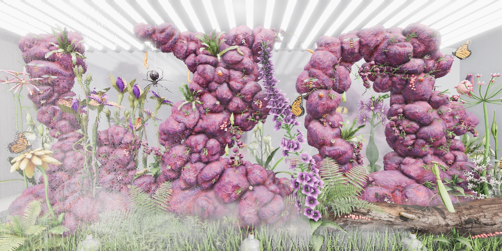 Purple organic structures with flowers, butterflies, and plants in a misty, illuminated room.