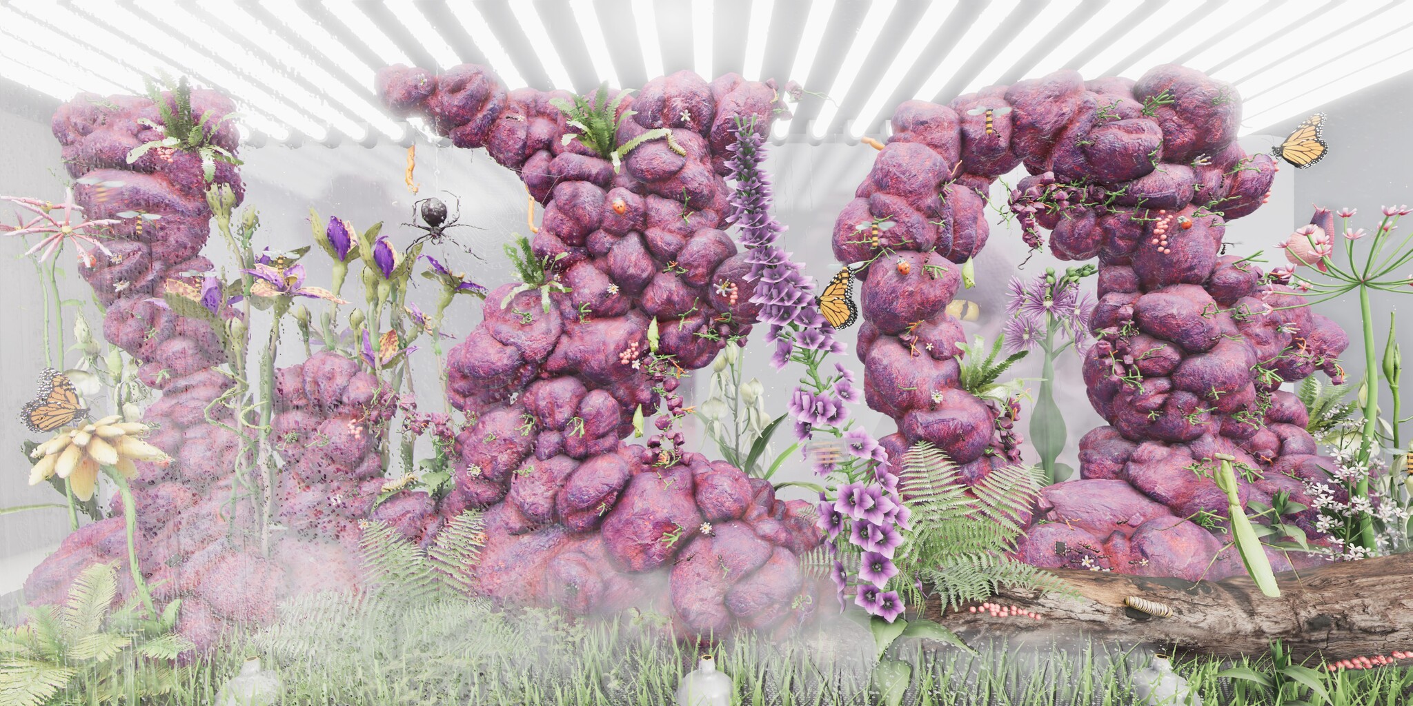 Large purple bumpy sculptures shaped like letters surrounded by flowers, ferns, butterflies, and mist.
