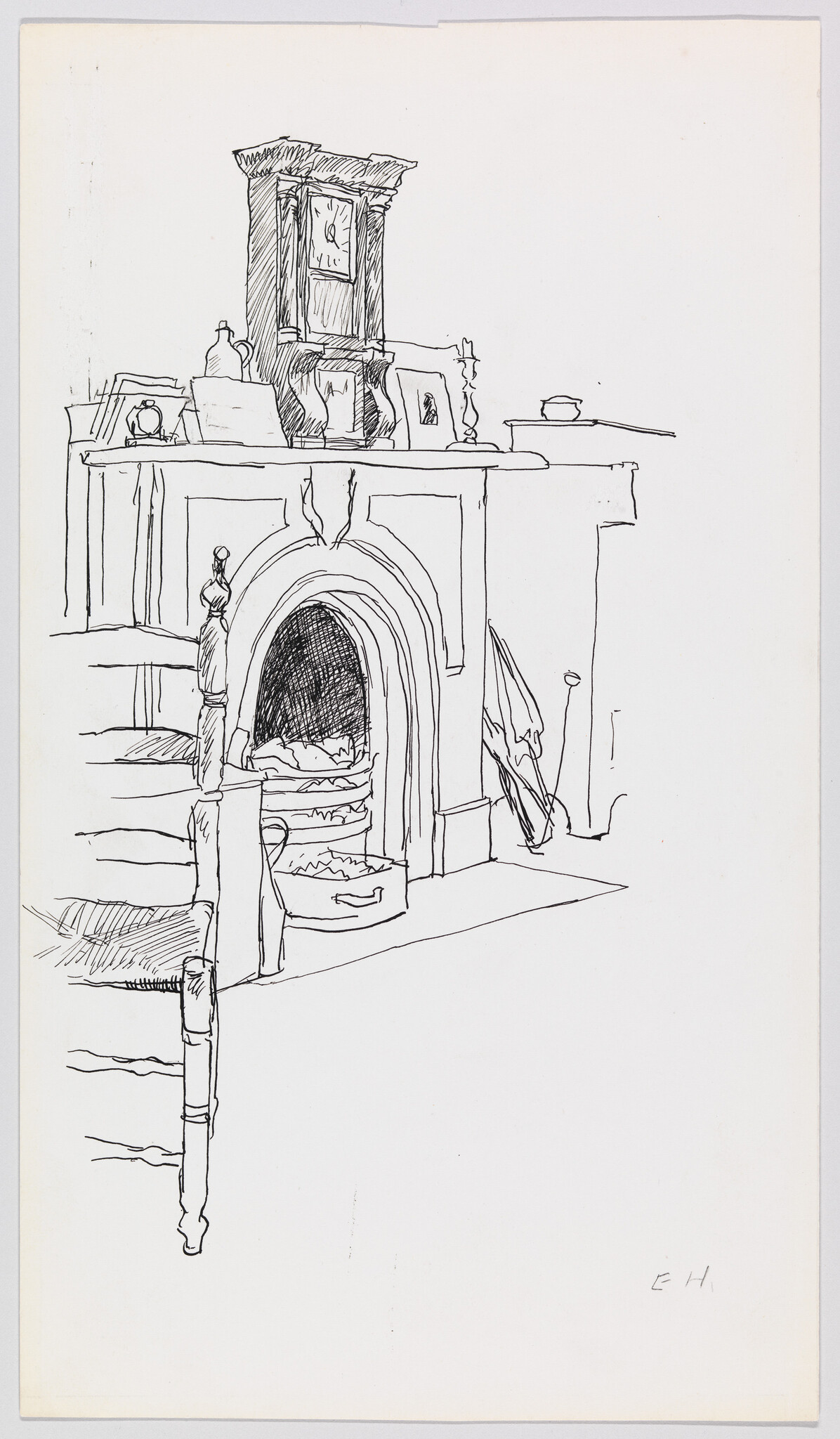 A sketched mantel fireplace with a clock, framed photos, and a basket of firewood nearby.