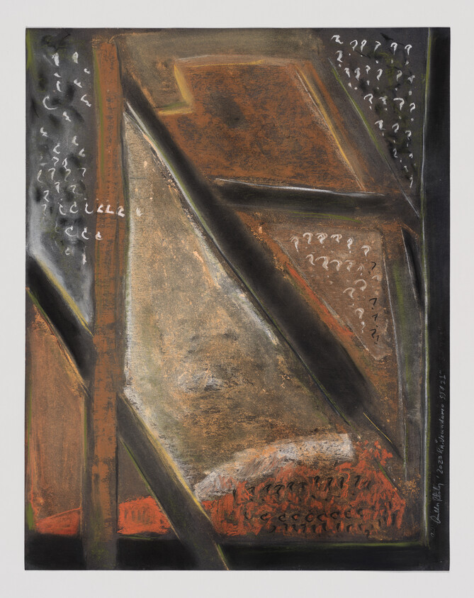 Abstract painting with brown, black, and orange shapes, and clusters of small white question mark symbols throughout.