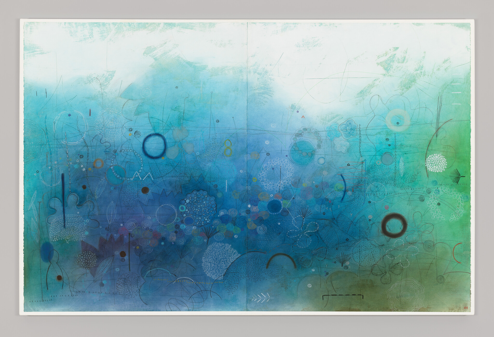 Large blue-green abstract painting filled with circles, delicate line patterns, and scattered geometric shapes.