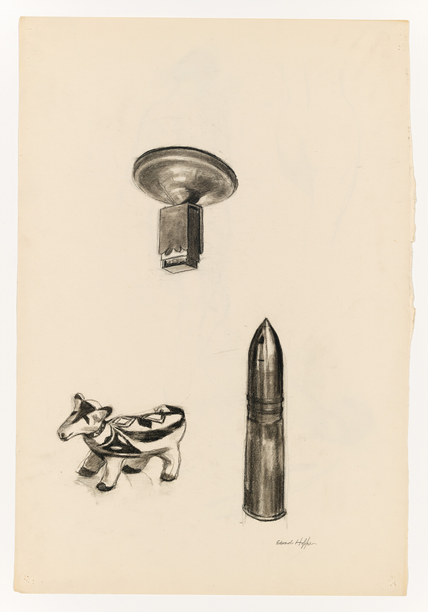 A sketch on aged paper featuring three distinct objects: a wall-mounted bell, a decorative cow figurine, and a standing bullet. The bell is detailed with shading to indicate its metallic surface, the cow is adorned with patterns, and the bullet is rendered with a realistic appearance. The artist's signature is visible at the bottom right.