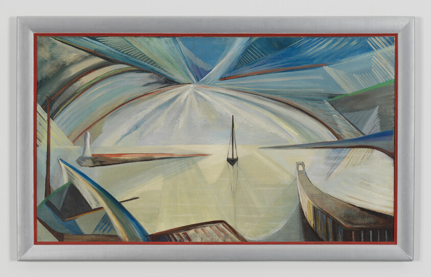 A small lone sailboat drifts toward a bright horizon inside an abstract curved harbor.