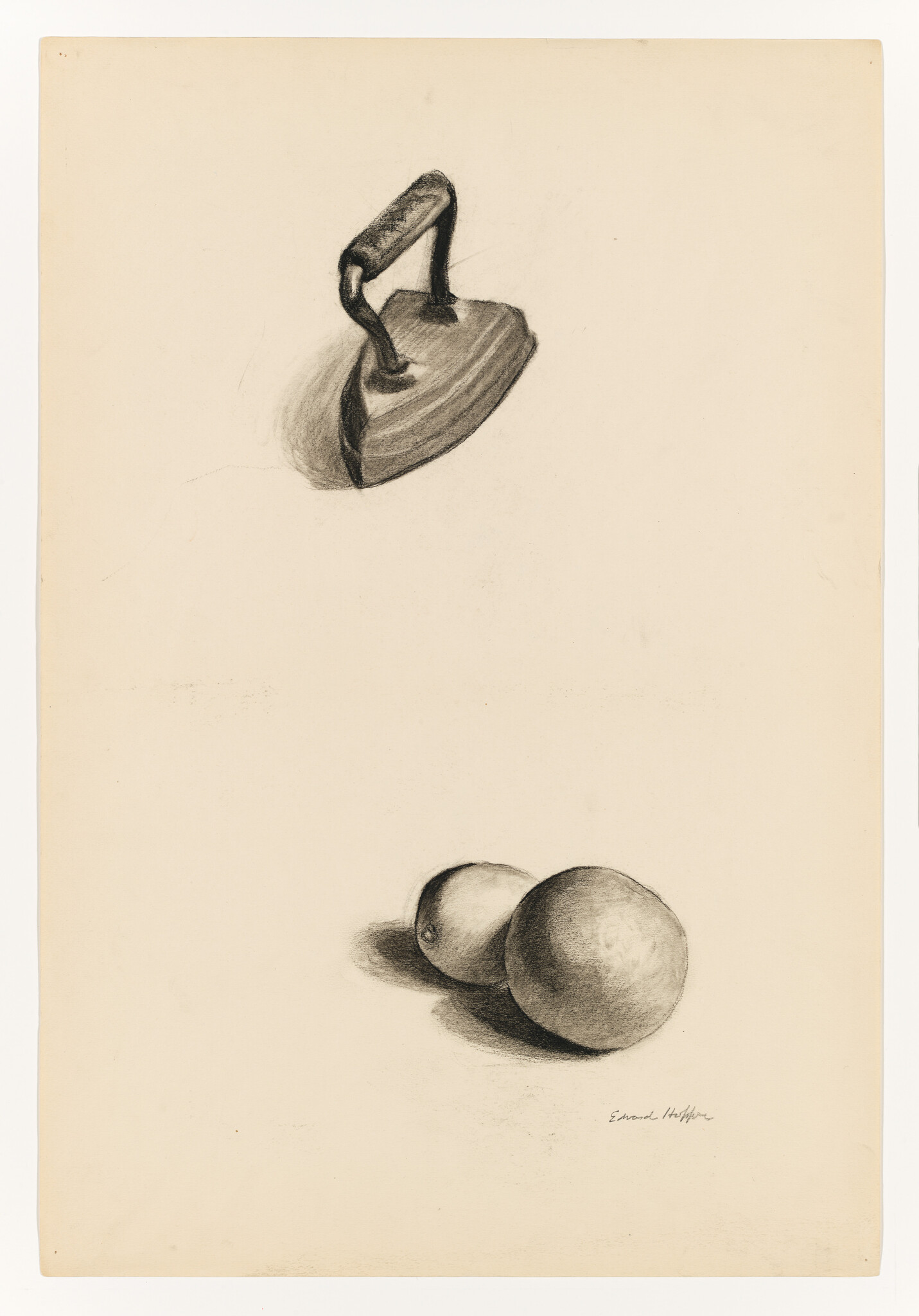 A charcoal drawing of an old flat iron above two shaded oranges casting shadows.