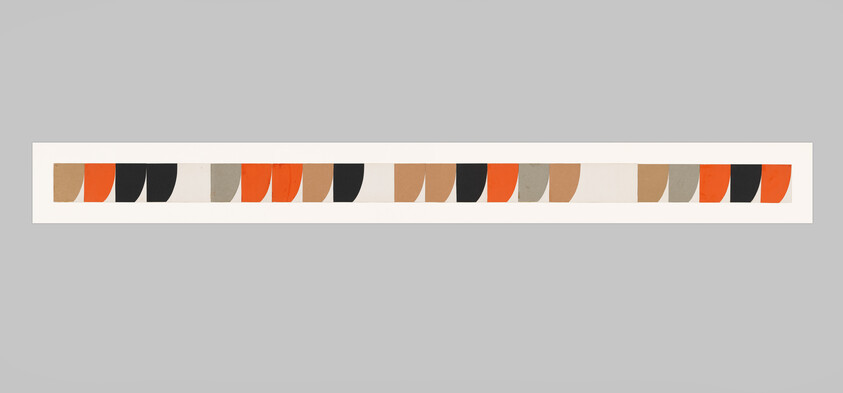 Long narrow artwork strip showing repeating rounded blocks in orange, black, tan, and gray against white.