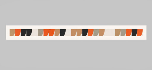 Long narrow artwork strip showing repeating rounded blocks in orange, black, tan, and gray against white.