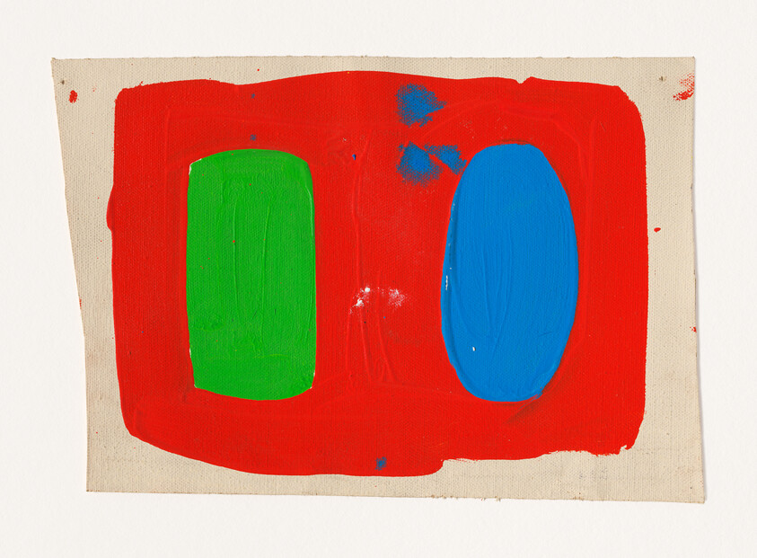Red painted rectangle with a green rounded rectangle and a blue oval on canvas.