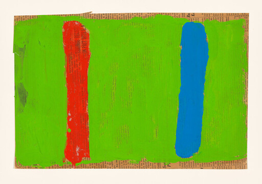 A green painted background on newspaper with a vertical red stripe and a vertical blue stripe.