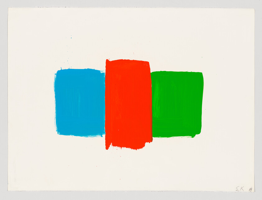Three bold brushstrokes form blue, red, and green rectangles centered on a white background.