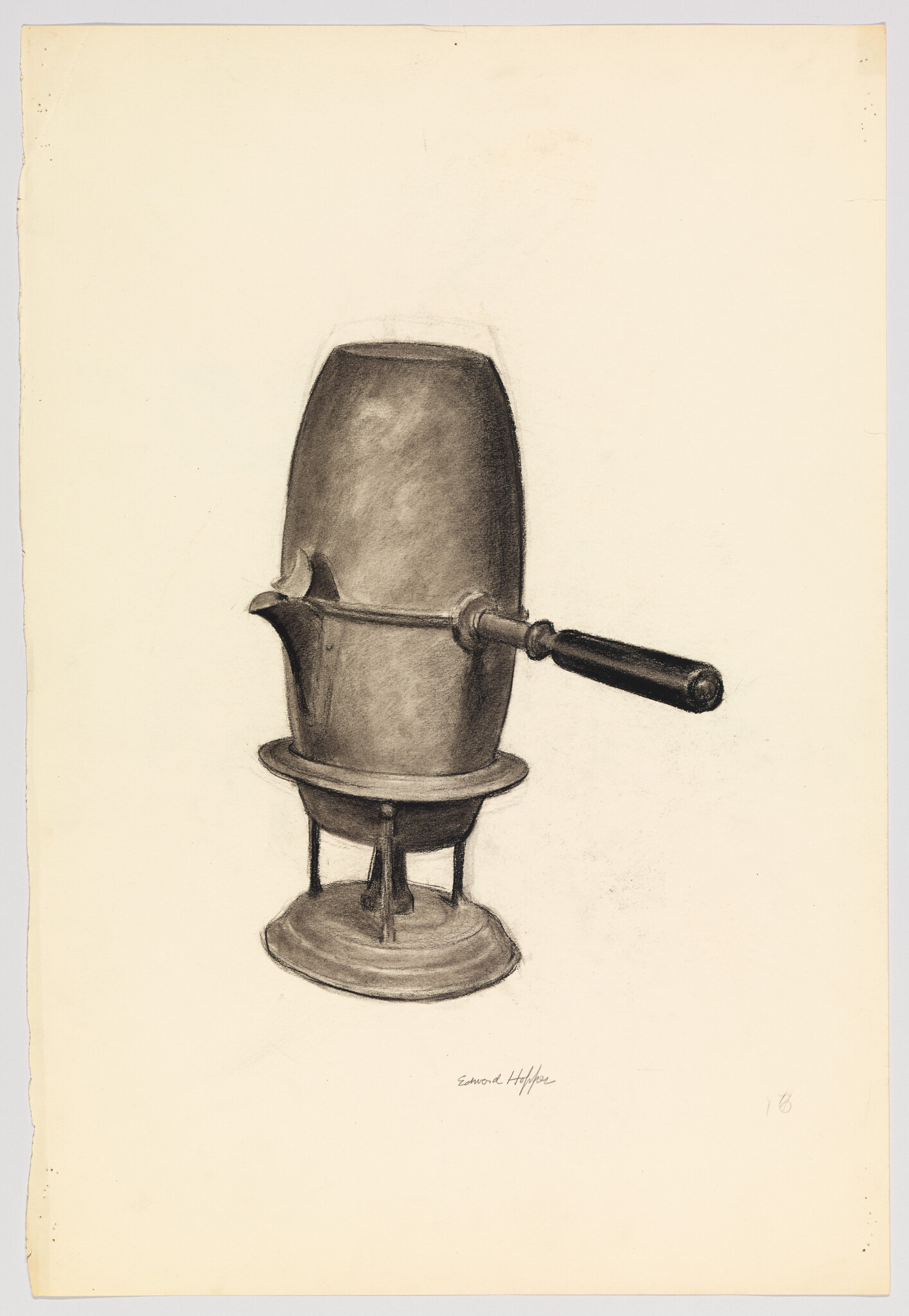 Old metal coffee percolator with a long handle sitting on a small stand.