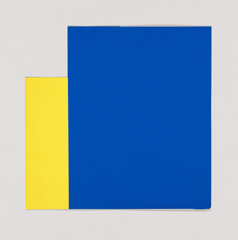 Large blue rectangle overlapping a smaller yellow rectangle on a light gray background.