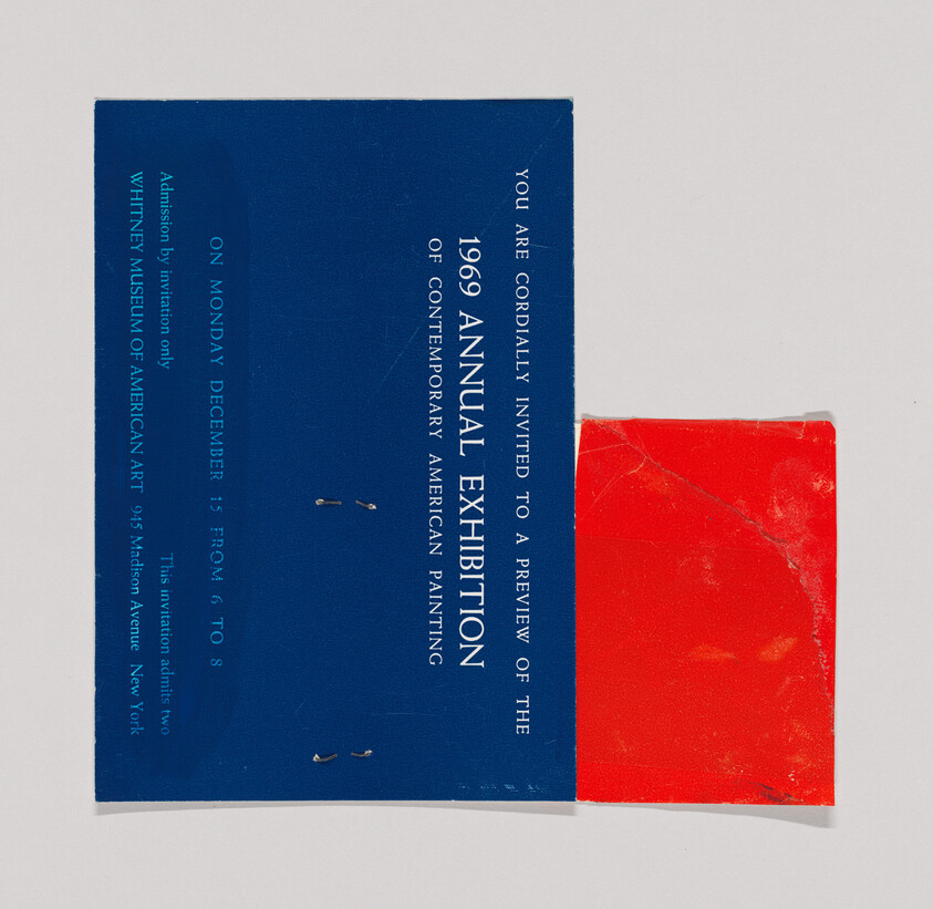 Blue 1969 Annual Exhibition invitation card from the Whitney Museum next to a red paper slip.