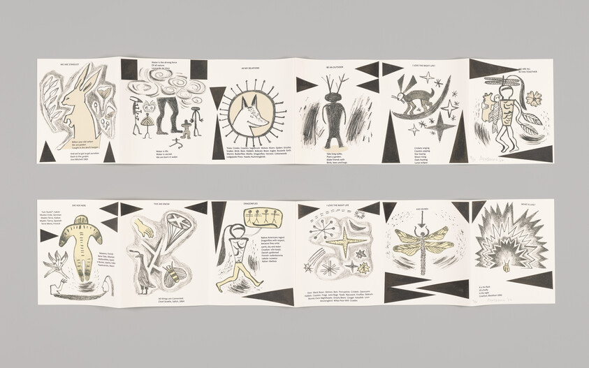 Accordion-style booklet with abstract animal and human drawings, black triangles, and short text under each illustration.