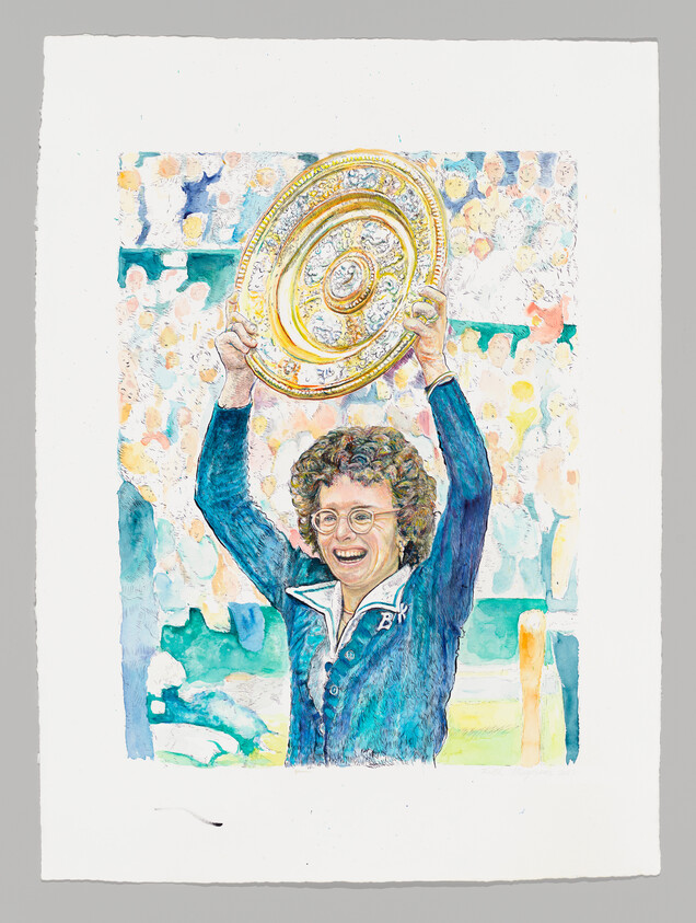 Woman with curly hair and glasses lifts a large gold trophy plate above her head smiling.