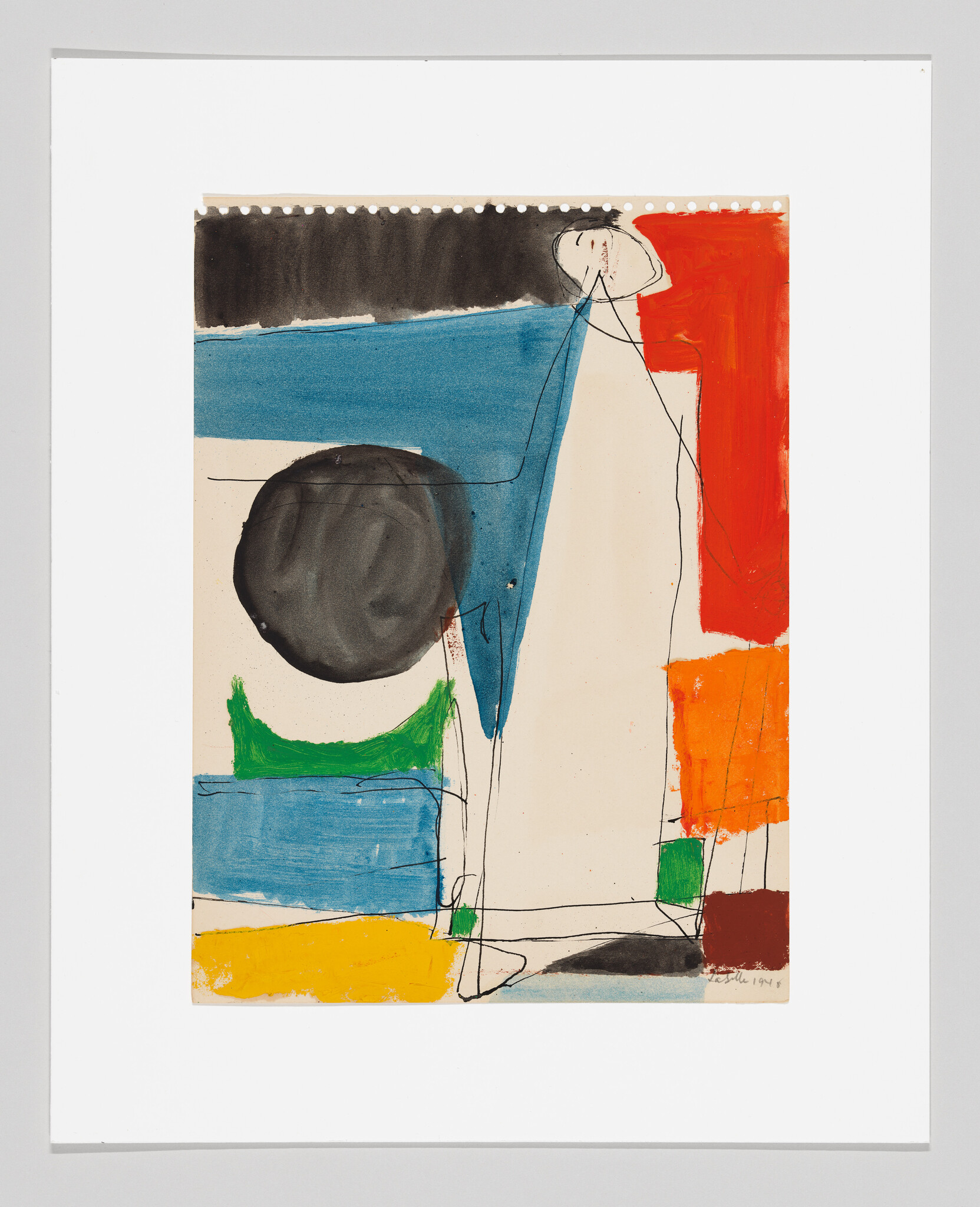 Abstract painting showing a large gray circle, blue triangular shape, red and orange blocks, and thin black lines.