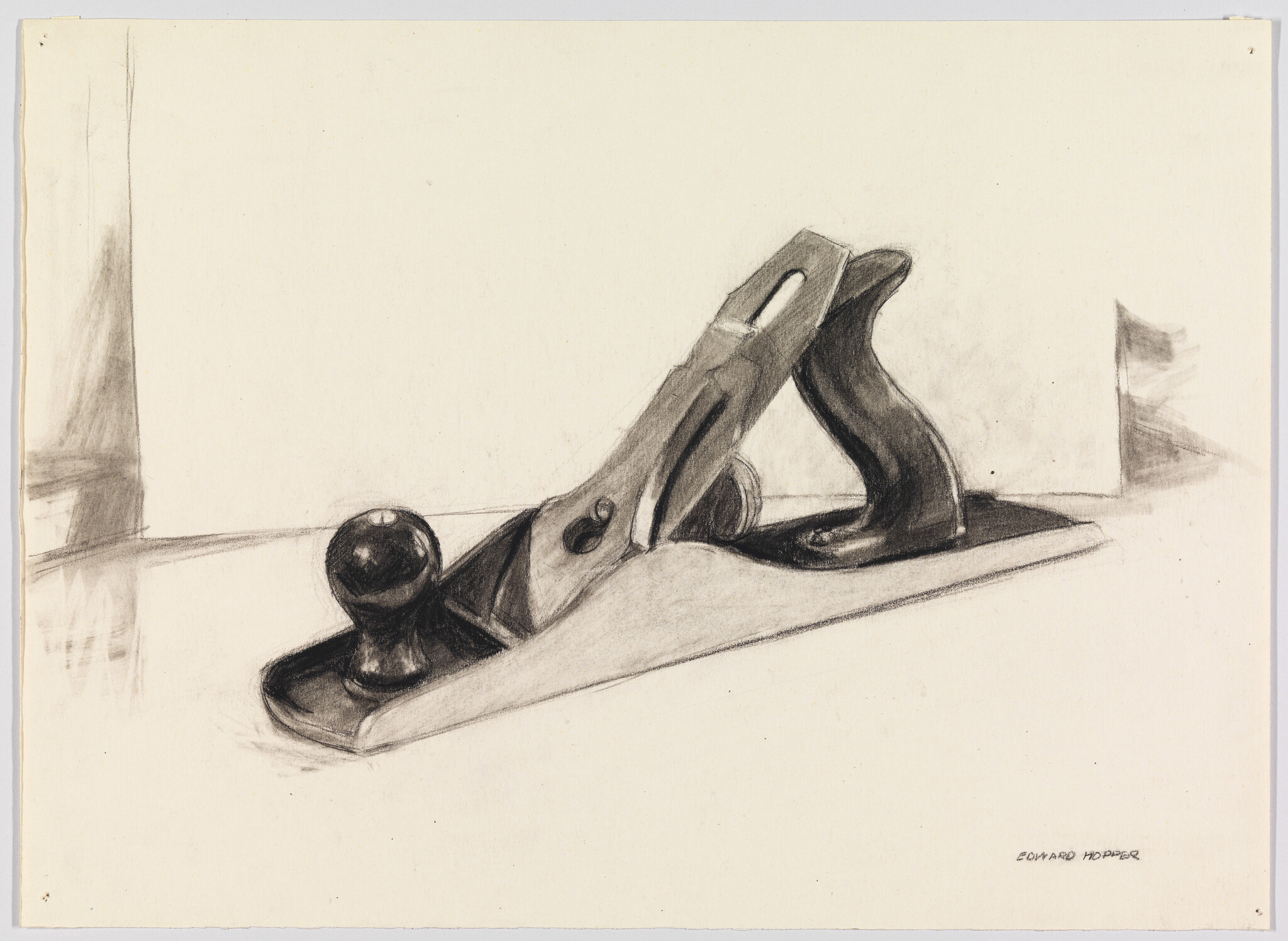 A charcoal drawing of a wood hand plane resting on a flat surface.