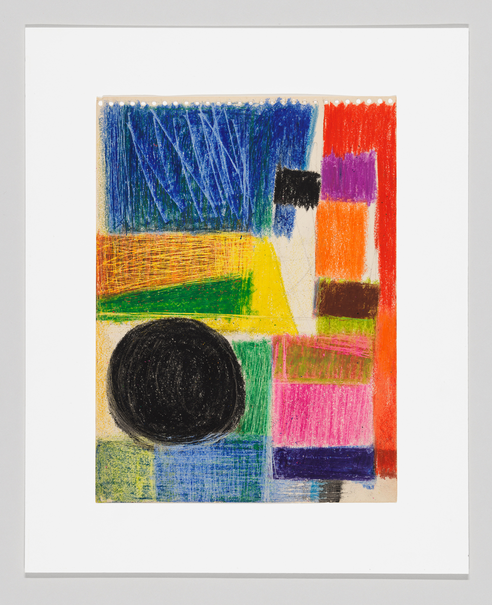 Abstract artwork with a large black circle, colorful rectangles, and a blue scribbled area on top, framed in white.