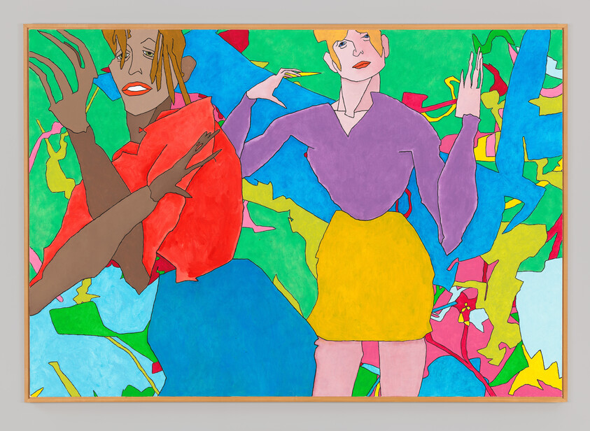 Two stylized figures wearing bright clothes pose with raised hands against a colorful abstract background.