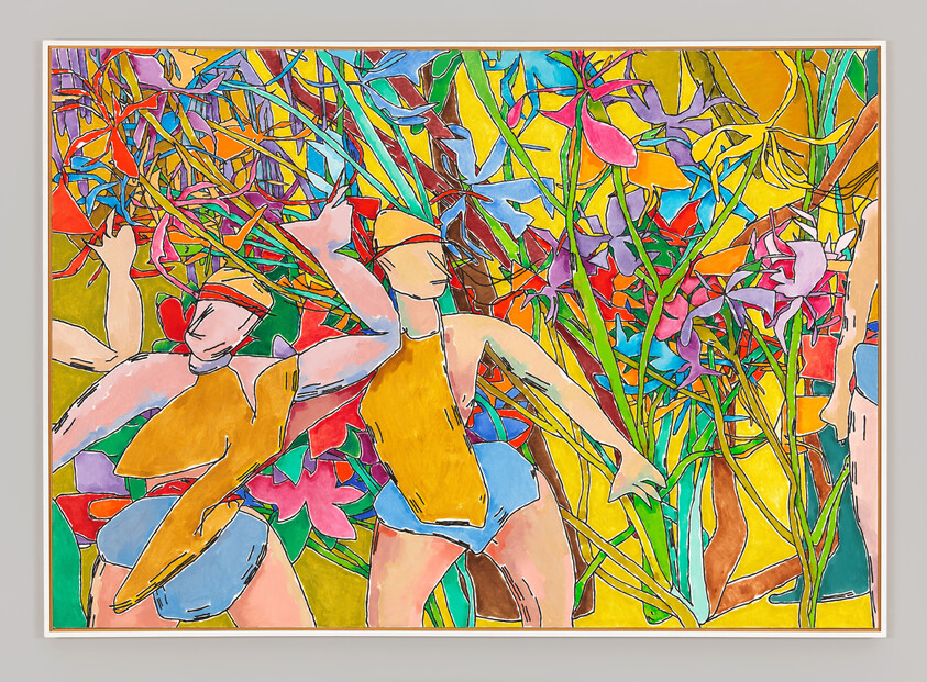 Three dancers in yellow tops and blue shorts moving energetically among dense colorful tropical plants and flowers.
