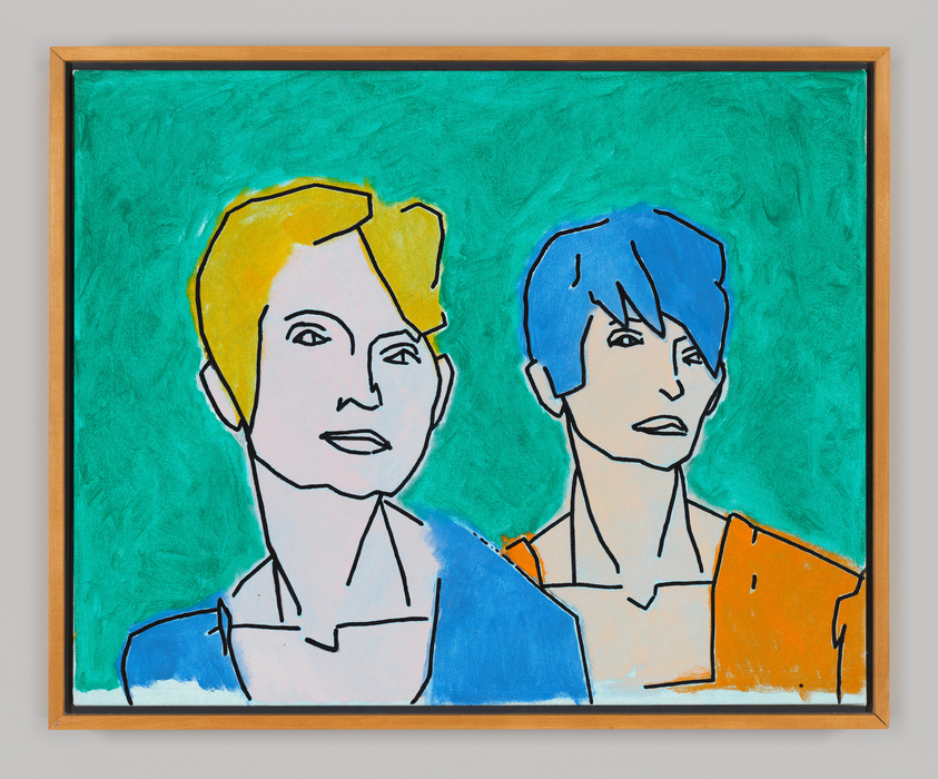 Colorful abstract portrait of two people with yellow and blue hair against a teal background, framed in a wooden frame.